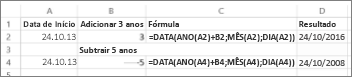 Exemplos de adição e subtração de datas