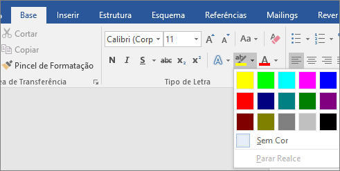 As opções de Cor do Realce do Texto são apresentadas no separador Base.