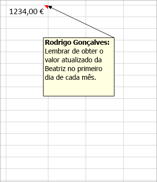 Célula com 1234,00 € e um antigo comentário legado anexado: "Tiago Ribeiro: O número está correto?"