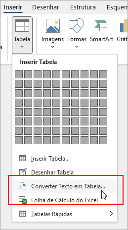 A opção Converter Texto em Tabela está realçada no separador Inserir.