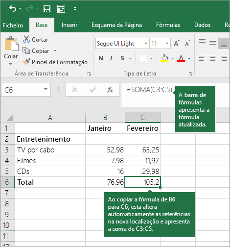 Ao copiar uma fórmula, as referências de células são atualizadas automaticamente