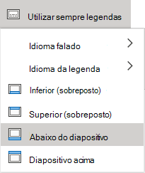 Definições de subtítulo no PowerPoint online.