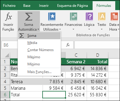 Pode utilizar o Assistente de Soma Automática para criar automaticamente uma fórmula SOMA.  Selecione um intervalo acima/abaixo ou à esquerda/direita do intervalo a ser somado, aceda ao separador Fórmulas no Friso e, em seguida, selecione Soma Automática e SOMA.