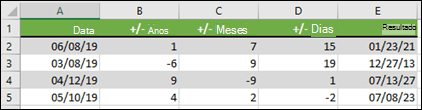 Utilize a função DATA para adicionar ou subtrair anos, meses ou dias de/para uma data.