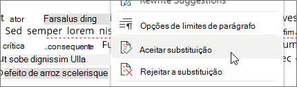 Clique com o botão direito do rato para aceitar ou rejeitar uma alteração.