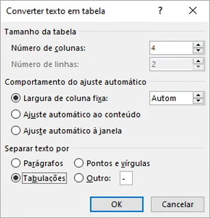 A caixa de diálogo Converter Texto em Tabela é apresentada.