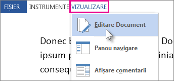 Imagine a unei porțiuni din meniul Vizualizare din Modul Citire, având selectată opțiunea Editare document.