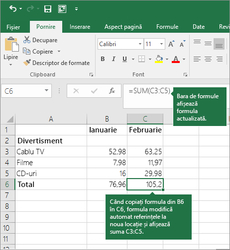 Atunci când copiați o formulă, referințele la celule sunt actualizate automat