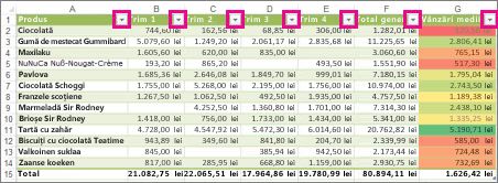 Tabel Excel afișând filtre încorporate