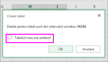 Casetă de dialog pentru conversia unei zone de date într-un tabel