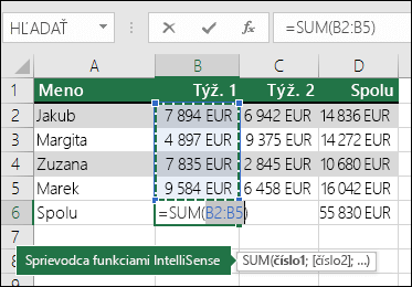 Bunka B6 zobrazí vzorec Automatický súčet a Sum: =SUM(B2:B5)