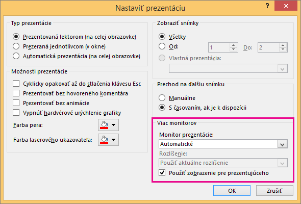 Možnosti monitora v dialógovom okne Nastavenie prezentácie