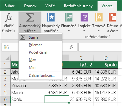 Na automatické zostavenie vzorca súčtu môžete použiť Sprievodcu automatickým súčtom.  Vyberte rozsah nad alebo pod alebo naľavo/napravo od rozsahu, ktorý sa má sčítať, a prejdite na kartu Vzorec na páse s nástrojmi a potom vyberte položku Automatický súčet & sum.