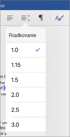 Zobrazuje možnosti riadkovania vo Worde pre iPad.