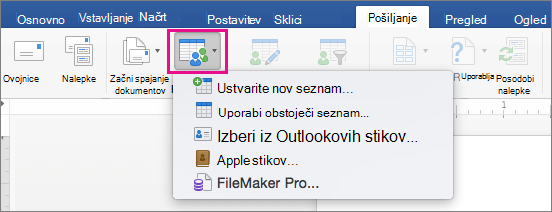 Na zavihku »Pošiljanje« je označena možnost »Izberi prejemnike« s seznamom možnosti