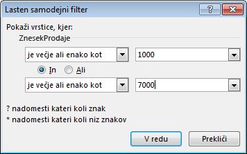 Pogovorno okno »Samodejni filter po meri«