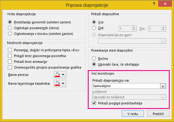 Možnosti »Monitor« v pogovornem oknu »Priprava diaprojekcije«