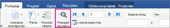 Na zavihku »Pošiljanje« je označena možnost »Predogled rezultatov«