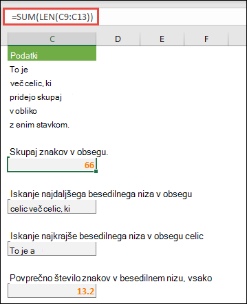 Štetje skupnega števila znakov v obsegu in drugih matrik za delo z besedilnimi nizi