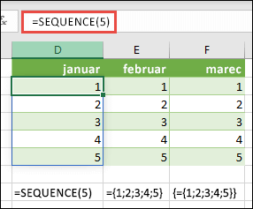 Ustvarite navpično konstanto polja z =SEQUENCE(5) ali ={1;2;3;4;5}