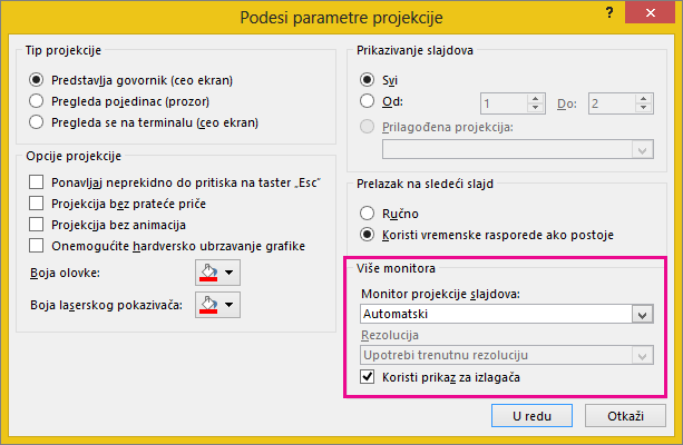 Opcije nadgledanja u dijalogu "Podešavanje projekcije"