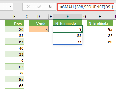 Excel-matrisformel för att hitta det n:e minsta värdet: =MINSTA(B9#,SEKVENS(D9))