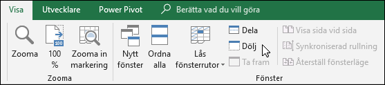 Dölja eller visa en arbetsbok i Visa > Windows > Dölj/Ta fram