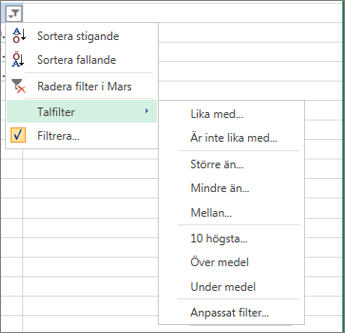 anpassade filtreringsalternativ som är tillgängliga för talvärden.