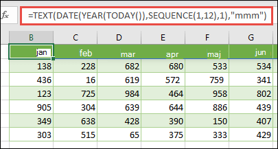 Använd en kombination av funktionerna TEXT, DATUM, ÅR, IDAG och SEKVENS för att skapa en dynamisk lista med 12 månader