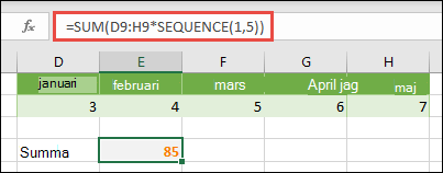 Använda matriskonstanter i formler. I det här exemplet använde vi =SUMMA(D9:H(*SEKVENS(1;5))