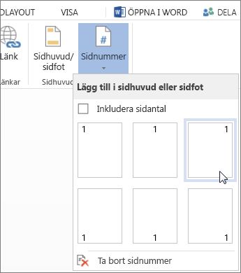 Galleri för sidnummer i Word Online