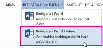 Bild på kommandot Redigera i Word Online