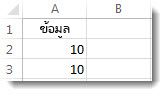 ข้อมูลในเซลล์ A2 และ A3 ในเวิร์กชีต Excel