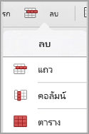 เมนูการลบตารางของ iPad