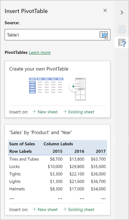 บานหน้าต่าง แทรก PivotTable ช่วยให้คุณสามารถตั้งค่าแหล่งข้อมูล ปลายทาง และแง่มุมอื่นๆ ของ PivotTable ได้