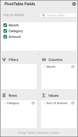 ตัวอย่างของกล่องโต้ตอบรายการเขตข้อมูล PivotTable ของ Excel