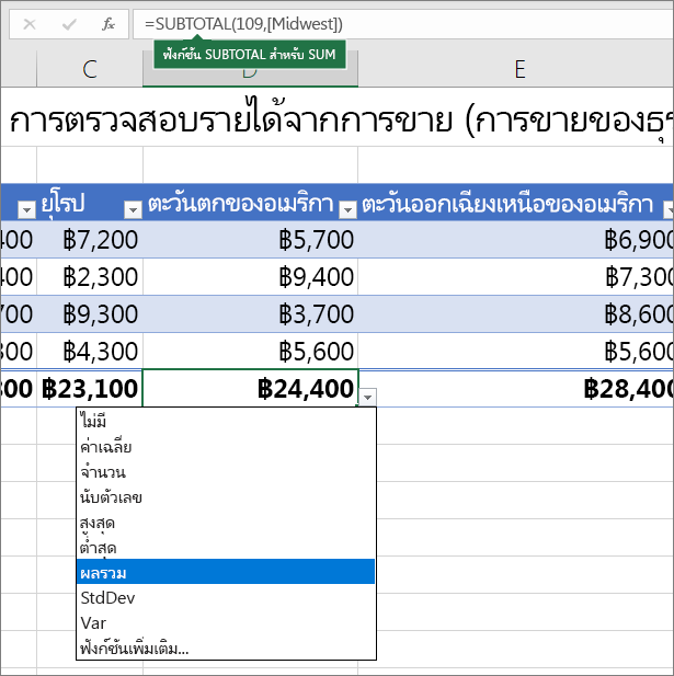 ตัวอย่างของการเลือกสูตรแถวผลรวมจากรายการดรอปดาวน์สูตรแถวผลรวม