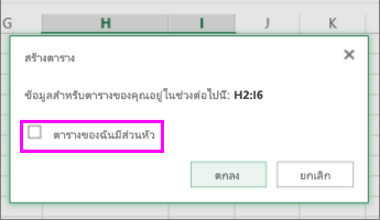 กล่องโต้ตอบสำหรับการแปลงช่วงข้อมูลเป็นตาราง