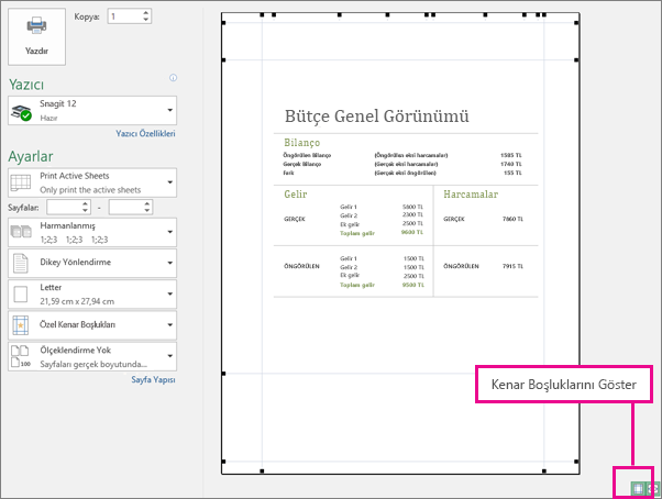 Baskı Önizleme’de Kenar Boşluklarını Göster kutusu