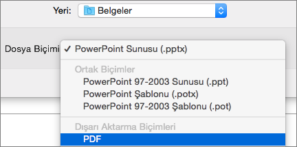 Mac için PowerPoint 2016'daki Farklı Kaydet iletişim kutusunda Dosya Biçimleri listesinde PDF seçeneğini gösterir.