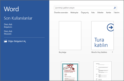 Word başlangıç ekranı