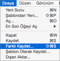 Mac için PowerPoint 2016’da Dosya > Farklı Kaydet Menüsünü gösterir.