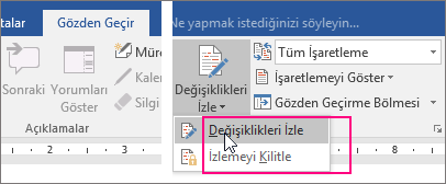 Değişiklikleri İzle düğmesine tıkladığınızda kullanılabilir seçenekler vurgulanır