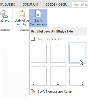 Word Online’daki Sayfa Numaraları galerisinin resmi
