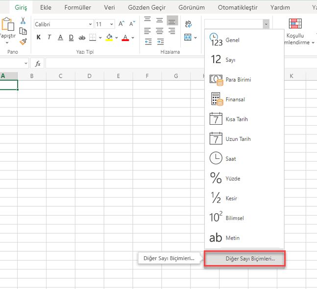 Daha Fazla Sayı Biçimi seçeneğinin vurgulandığı Sayı Biçimi menüsü.