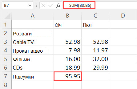 Результат функції «Автосума» у клітинці B7