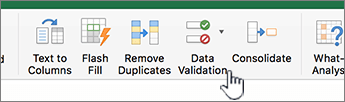 Вкладка Data (Дані) в Excel із вибраним параметром Data Validation (Перевірка даних)