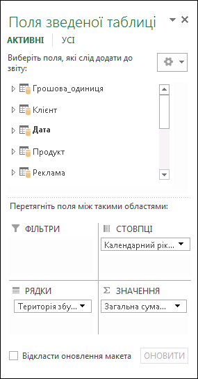 Список полів зведеної таблиці