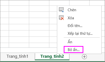 Bấm chuột phải vào một tab trang tính bất kỳ để kiểm tra các trang tính ẩn.