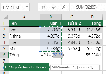 Ô B6 hiển thị công thức Tổng Tự Tính tổng: =SUM(B2:B5)